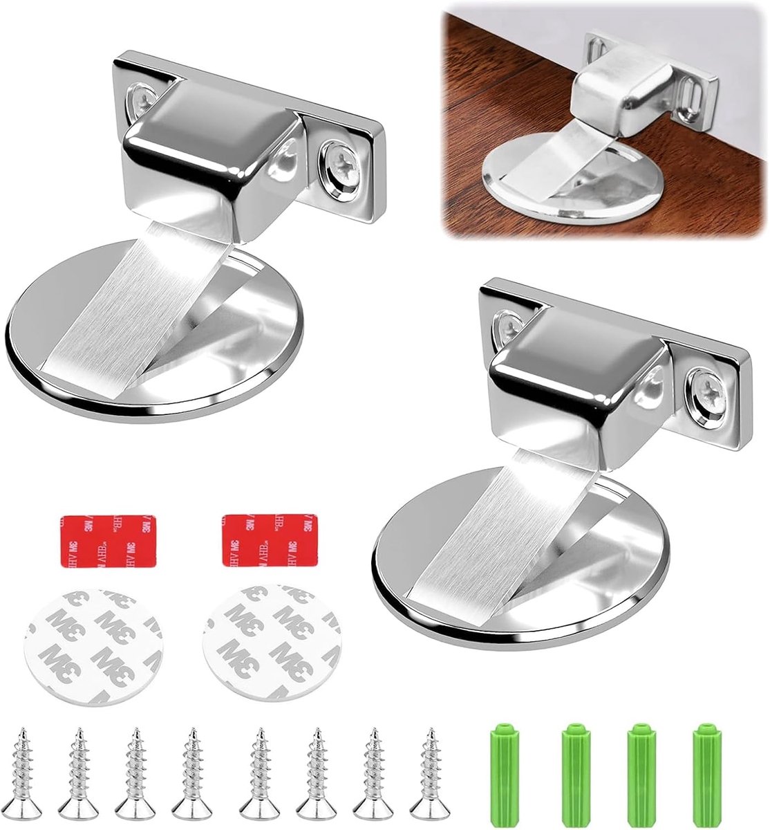 SnelShoppen - 2 Stuks Metalen Magnetische Deurstoppers - Onzichtbare Deurstoppers - Stabiele Magnetische Deurstoppers met Lijm en Schroeven (Zilver)