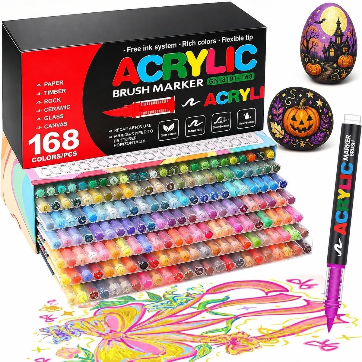 Acrylstiften Set - Multicolor - 168 Kleuren - Watervaste en Snel Drogende Markers - Voor Creatieve Volwassenen en Kunstenaars