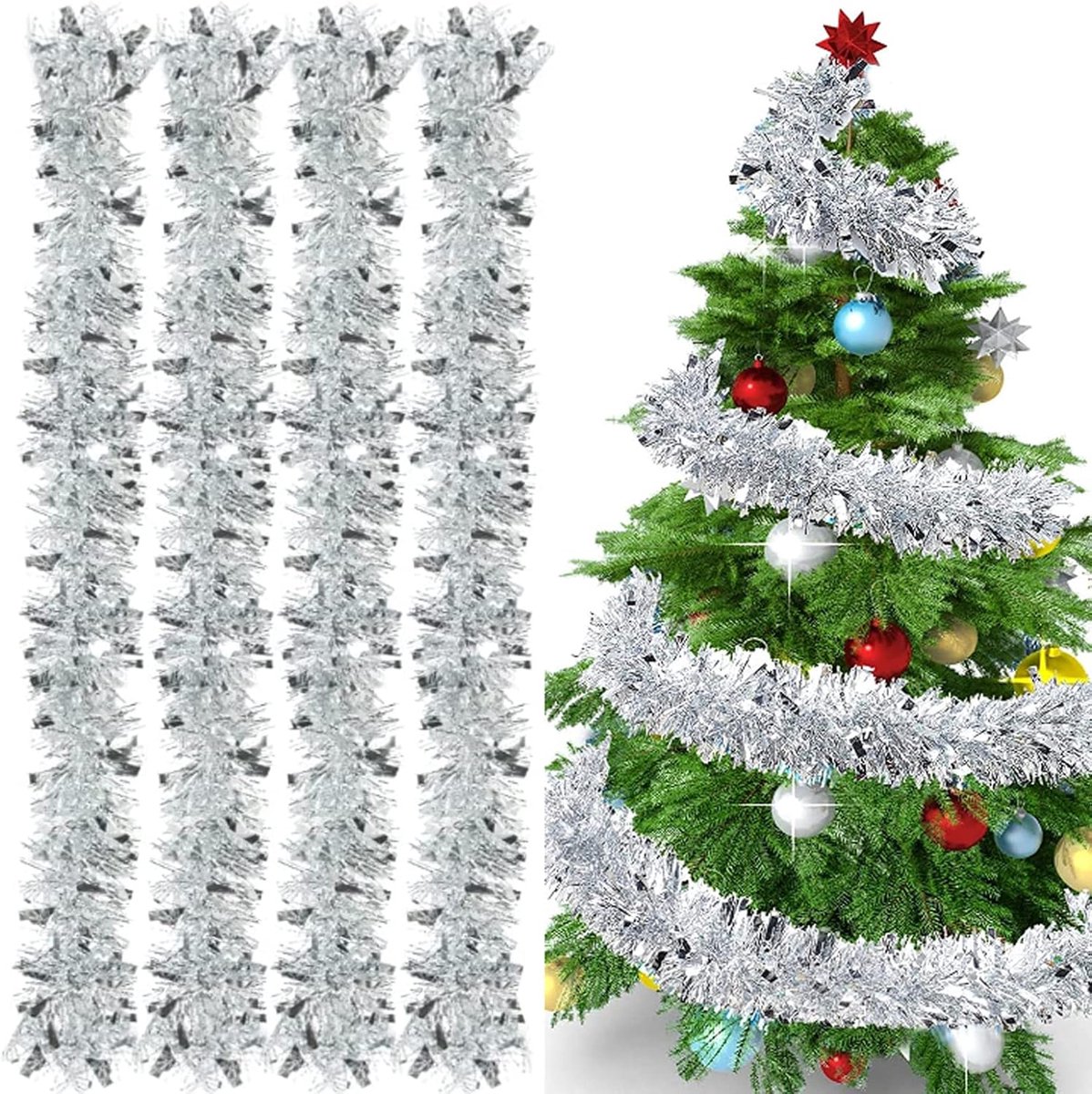 SnelShoppen - 4 Stuks Shiny Kerst Garlands, 2 Meter Lametta Versiering voor Kerstboom, Zilveren Kerstdecoratie voor Feest en Kerstparty