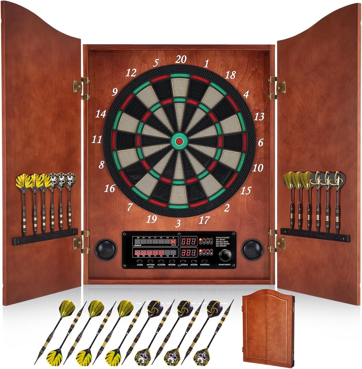 SnelShoppen - Elektronisch Dartbord met Houten Dartbordkast Set voor Volwassenen [12×Bronzen Soft Tip Darts] [Cricket Spelmodus] - Decoratief Dartbord