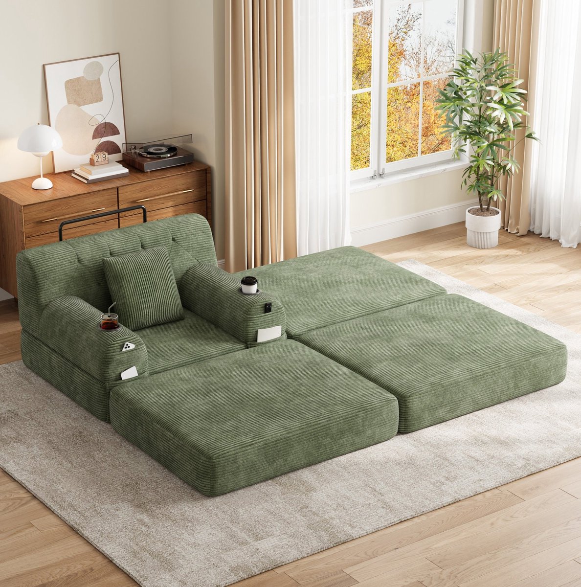 MIVRAY Slaapbank 1-Zits 162 Cm - Met Hoge Rugleuning, Slaapfunctie, 4 Zijvakken En 2 Bekerhouders - Voor Woonkamer En Logeerkamer - Cord Groen