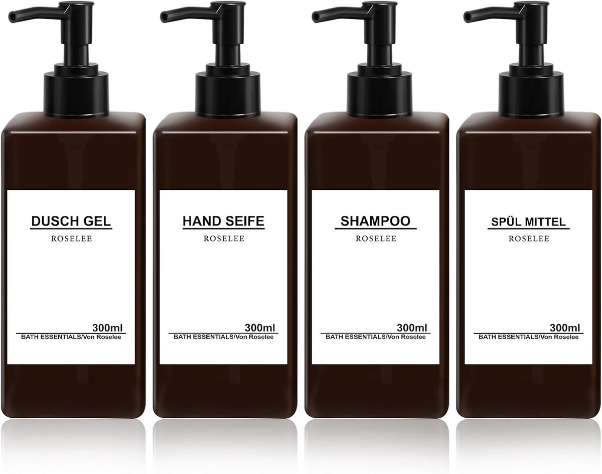 SnelShoppen - Set van 4 Bruine Zeepdispensers 300ml Refillbare Pompdispensers met Trechter en Waterdichte Labels Vintage Shampoo Flessen voor Keuken e