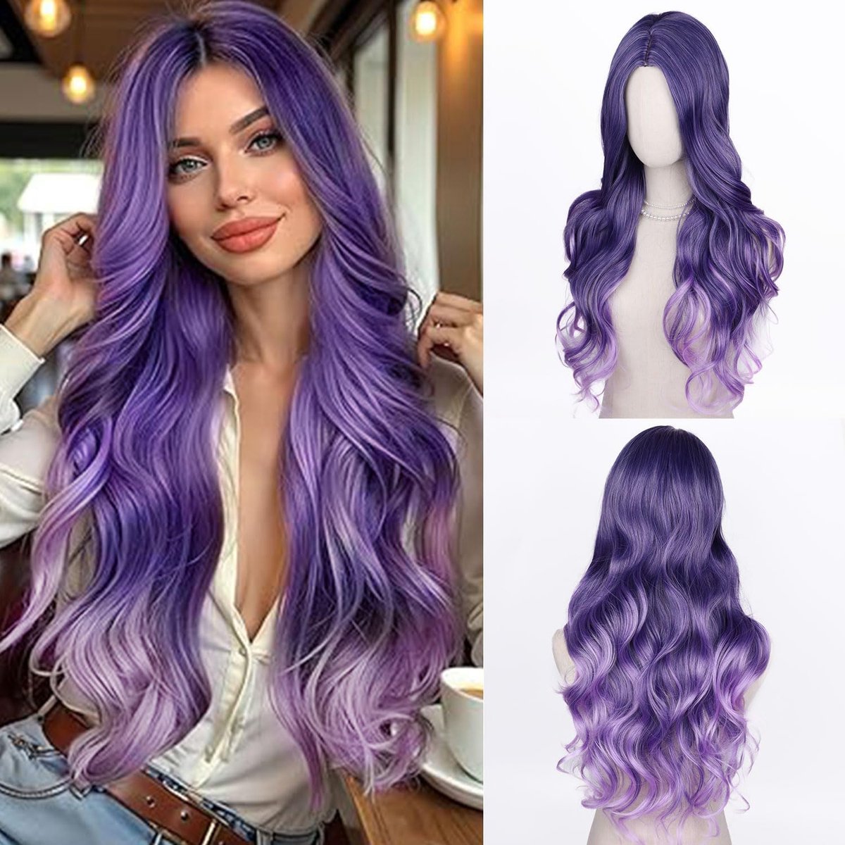 SnelShoppen - Lange Golvende Paarse Peruka voor Vrouwen, Krullend en Hittebestendig, Synthetische Haarmode, Ombre Haar voor Feesten en Dagelijks Gebru