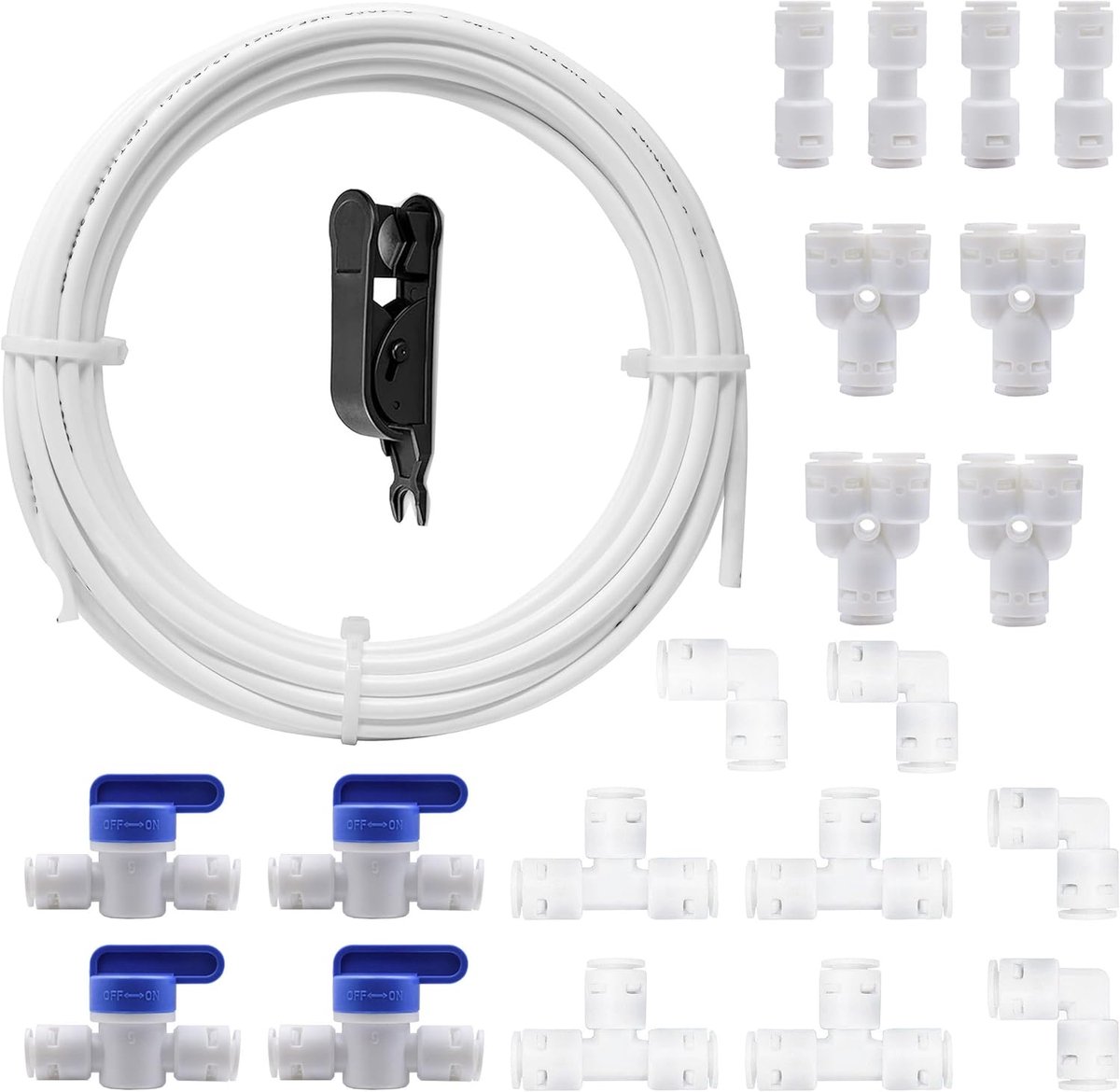 SnelShoppen - 10 m 1/4" Wateraansluitset, Universele Verbinding met 24 Stuks Waterfilter Fittingen, Y + T + I + L Type + Afsluitklep voor Koelkast en