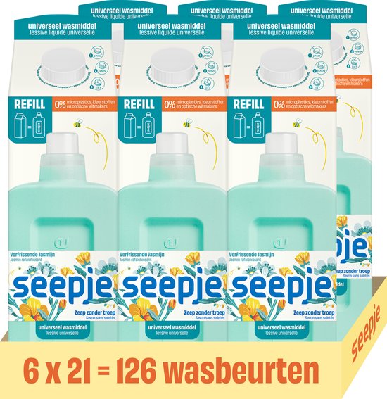 Voordeelverpakking met 6 flessen universeel wasmiddel, lichtgroen, met bloemenprint en 'seepje' logo. Totaal 126 wasbeurten.