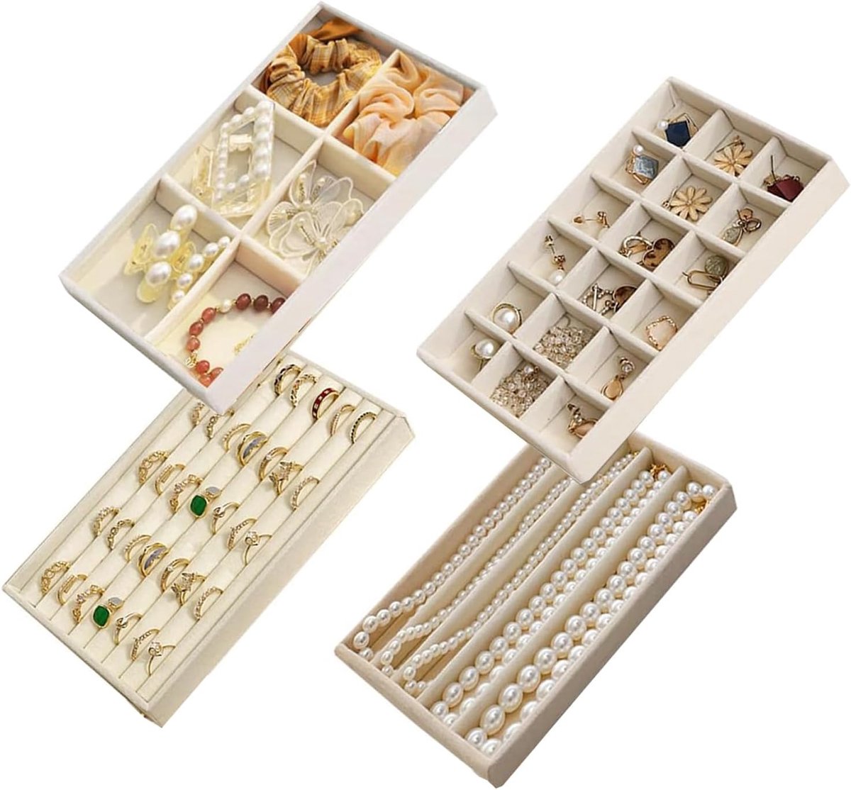 SnelShoppen - Set van 4 Sieraden Organizer Inserts voor Lade, Velvet Sieraden Tray Opslag voor Oorbellen, Ringen, Kettingen, Horloges en Armbanden (Be
