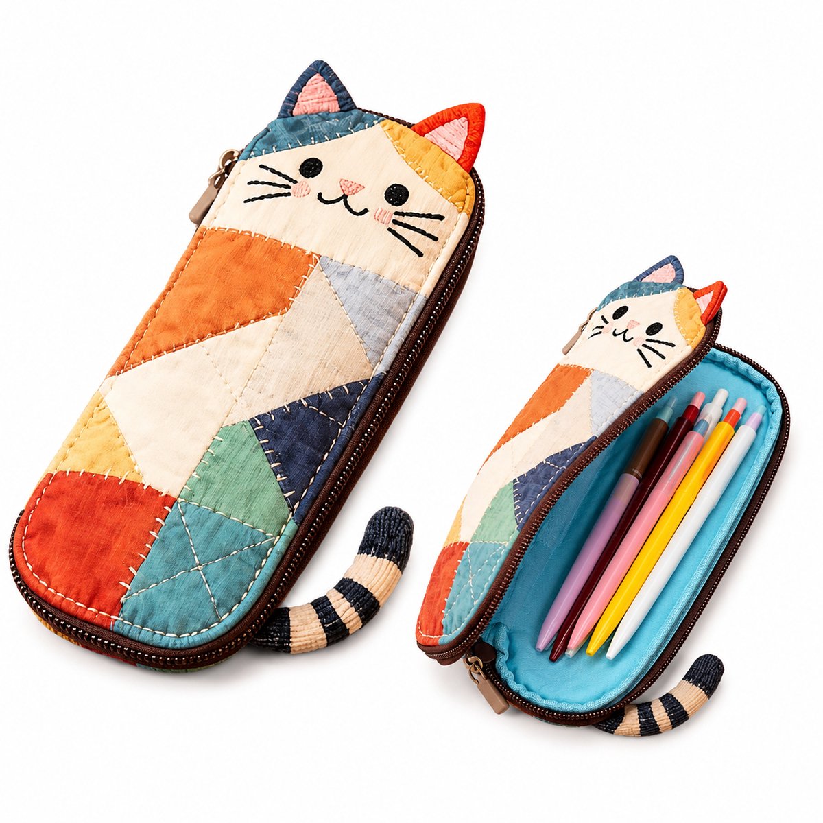 Pennenetui Kat Ruim 22x10x5 cm - Schattig Patchwork Etui met Ritssluiting voor School en Bureau - Grote Pennenzak voor Kleurpotloden & Viltstiften