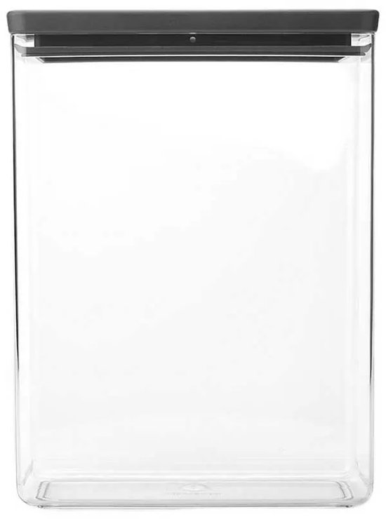 Boîte de conservation rectangulaire et transparente avec couvercle gris foncé.