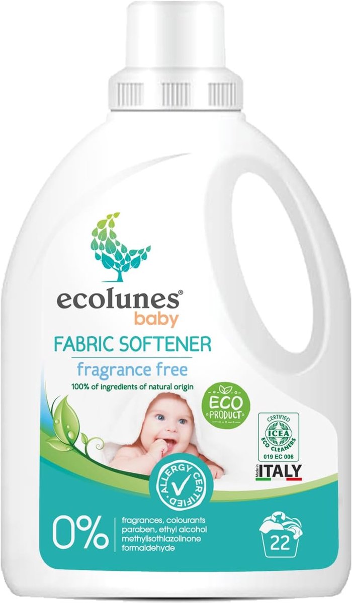 SnelShoppen - Ecolunes Baby wasverzachter geurvrij 1L, 100% natuurlijke ingrediënten, veilig voor baby's huid en milieu, dermatologisch getest, hypoal