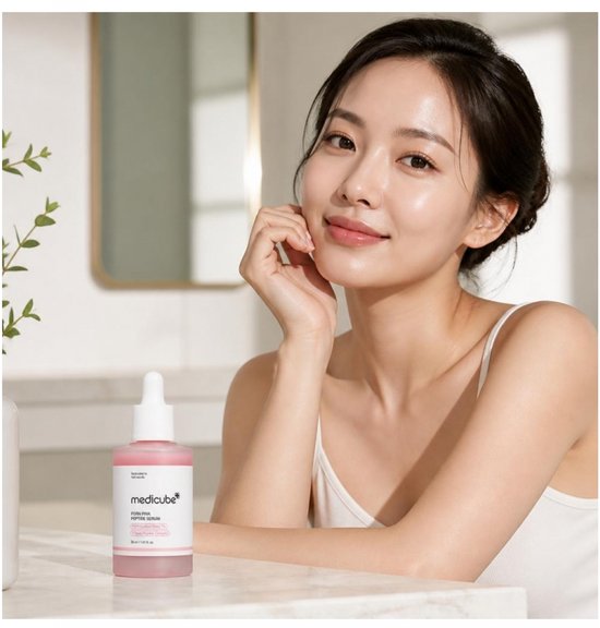 Een vrouw met donker haar zit naast een flesje Medicube PDRN Pink Peptide Serum.