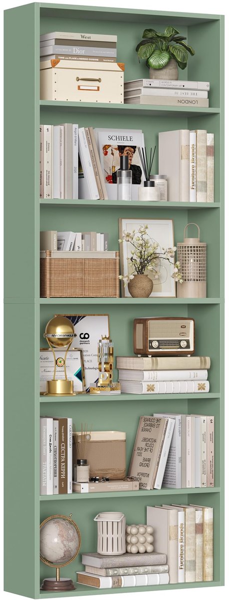 Famanu – Boekenkast van hout met 6 vakken, opbergrek voor woonkamer en werkkamer, 180 x 60 x 23,5 cm, groen