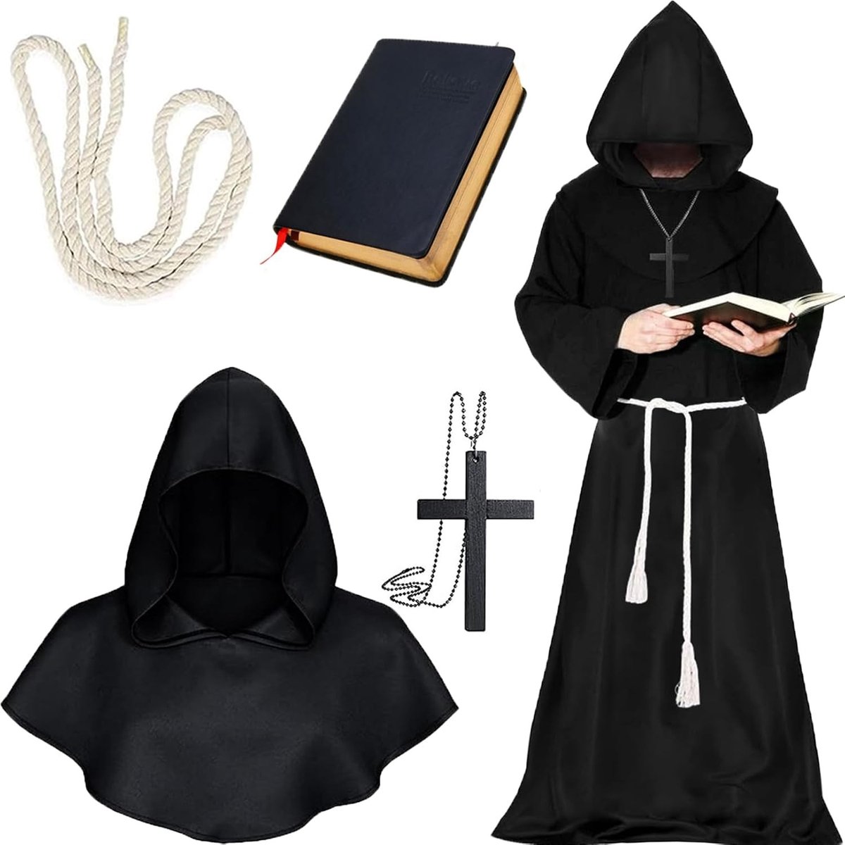 Monnikskostuum - Zwart - Volwassenen - Middeleeuws Kostuum met Taillekoord en Kruishalsketting - Voor Carnaval en Cosplay