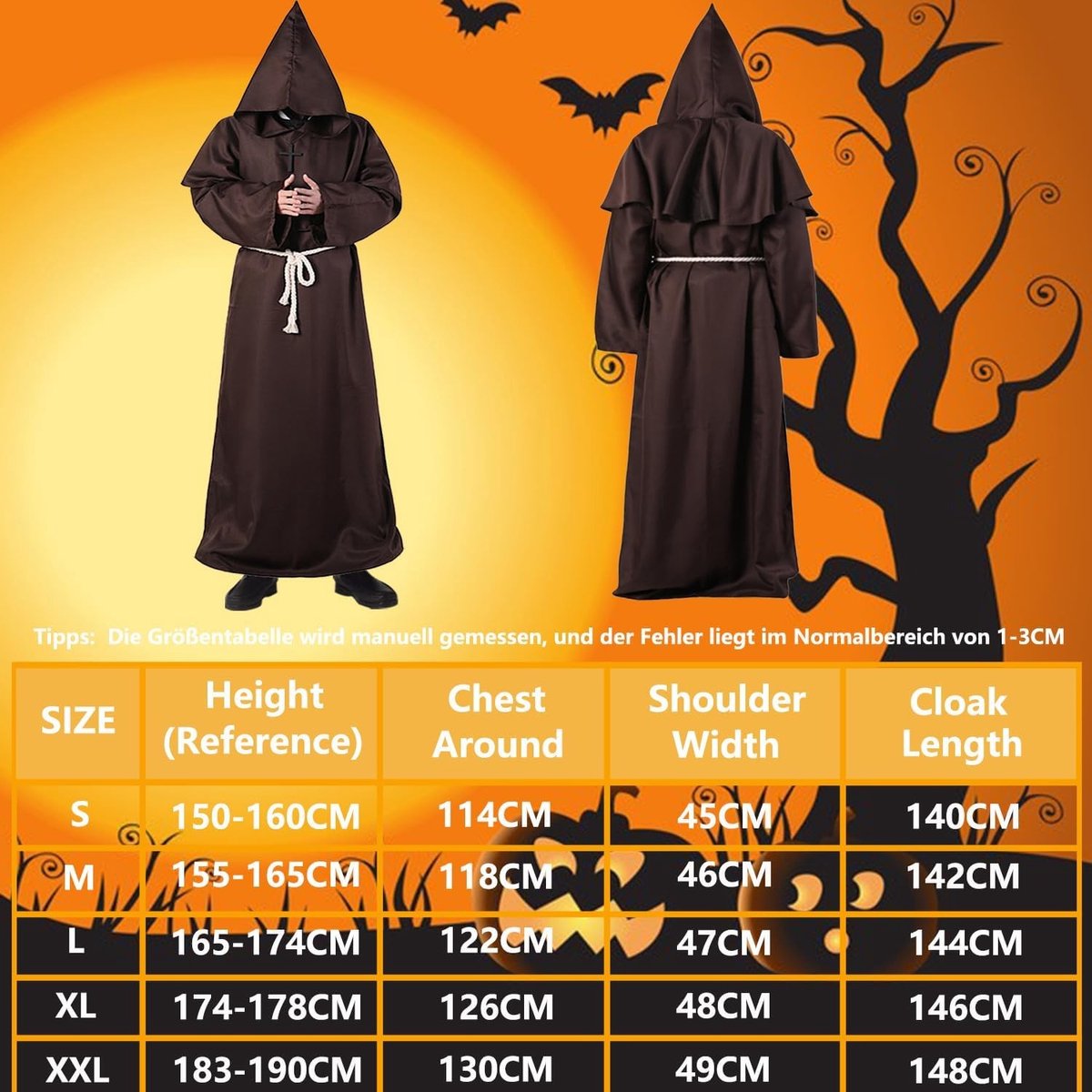 Monnikgewaad - Bruin - Maat M - Middeleeuws Gewaad met Capuchon - Voor Halloween en Rollenspel