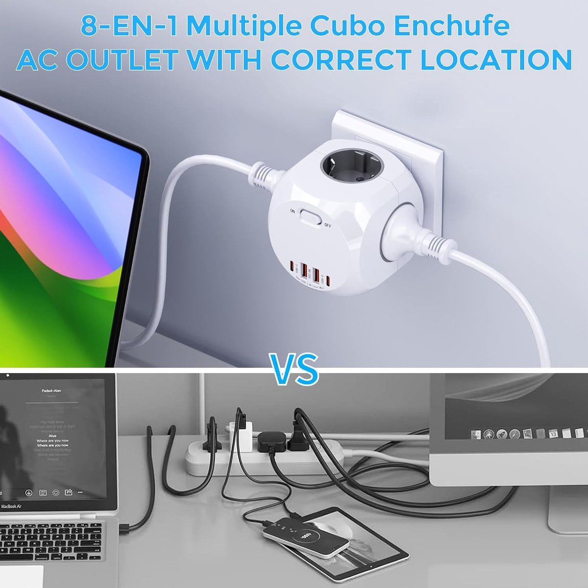 Meervoudig Stopcontact - Grijs - Kubusvormig - Met USB A en C - Voor Kantoor en Keuken