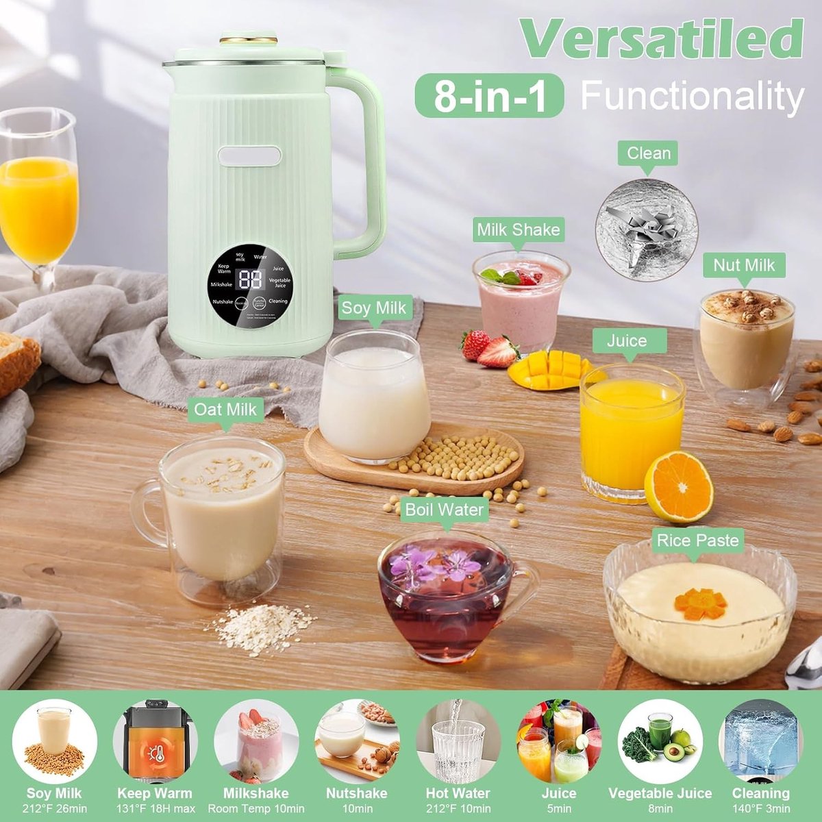 Notenmelkmachine - Groen - 1200 ml - Automatische Plantenmelkmaker met Zelfreiniging - Voor Gezonde Dranken