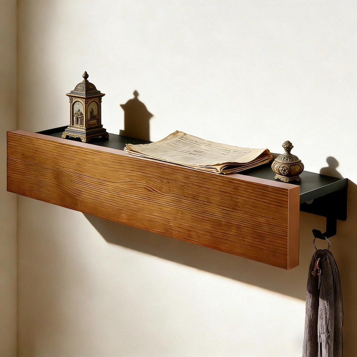 Famanu Wandkapstok met plank van 40 cm, ijzeren en houten kapstok met 8 haken, ruimtebesparend voor kleding en decoraties Naturel