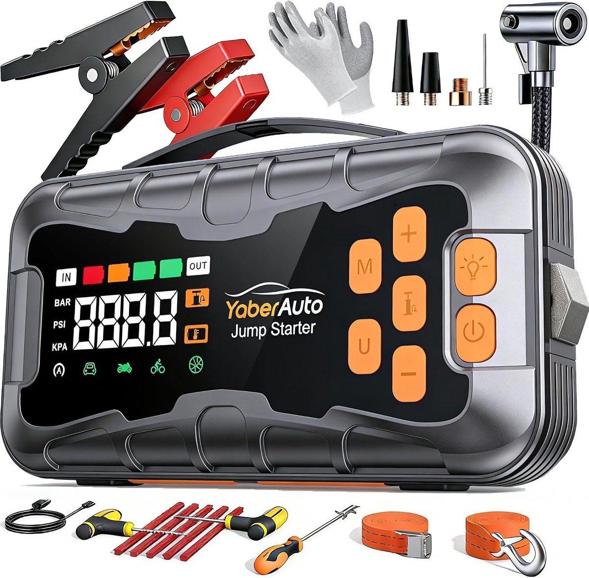 Jump Starter - Zwart - 16-in-1 - Accubooster met Compressor en Powerbank - Voor Auto's en Motoren