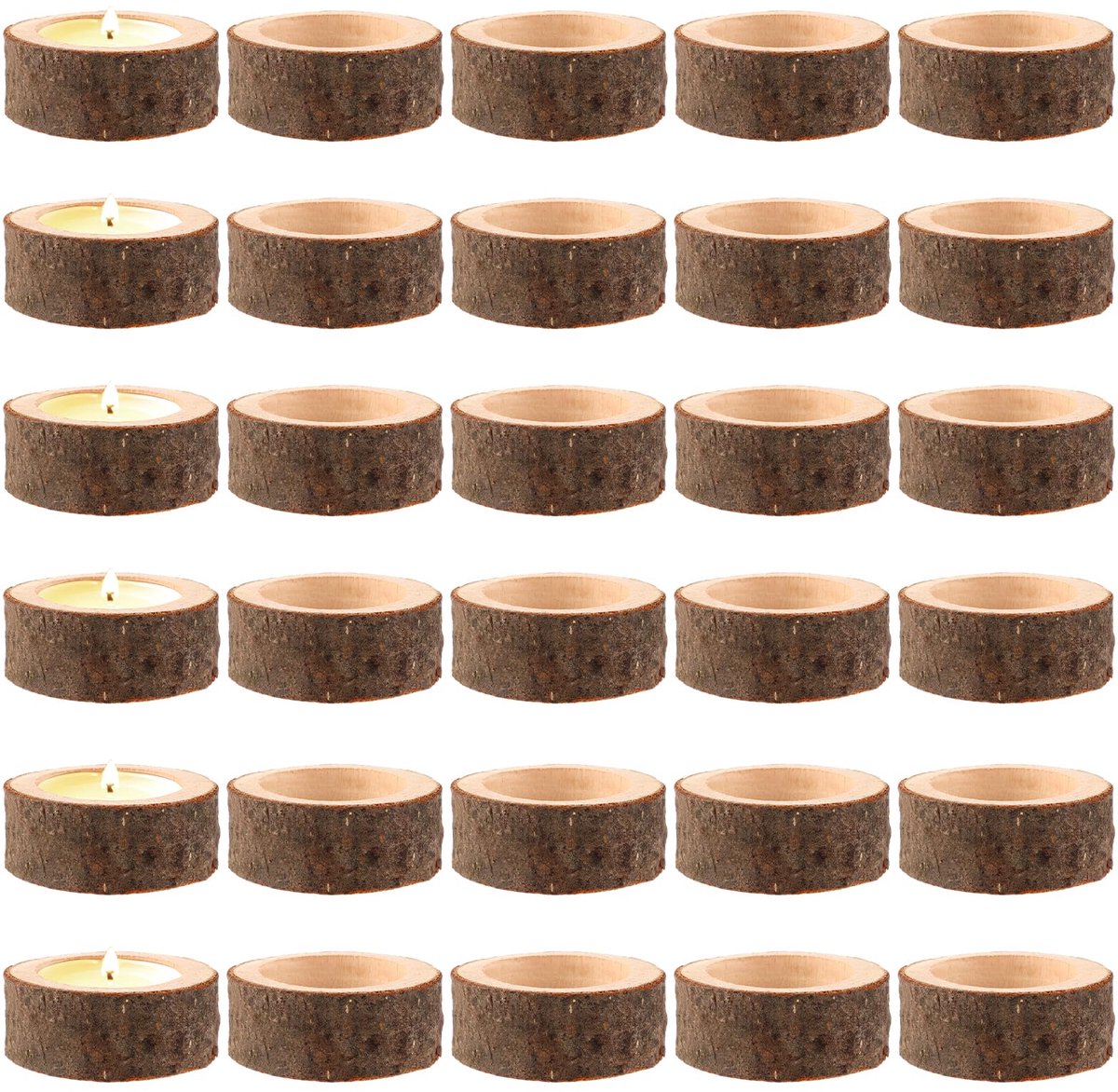Famanu Set van 30 houten theelichthouders met een binnendiameter van 40 mm, ronde kandelaars voor bruiloften en feestelijke decoratie Bruin
