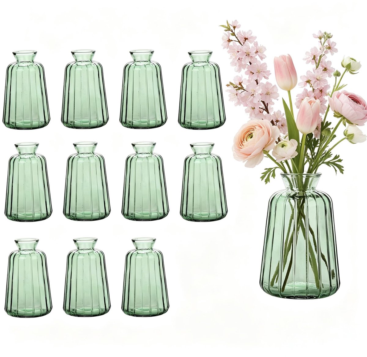 Famanu Set van 12 kleine glazen vazen voor tafeldecoratie, vintage stijl decoratieve vazen voor bruiloften en evenementen Zwart