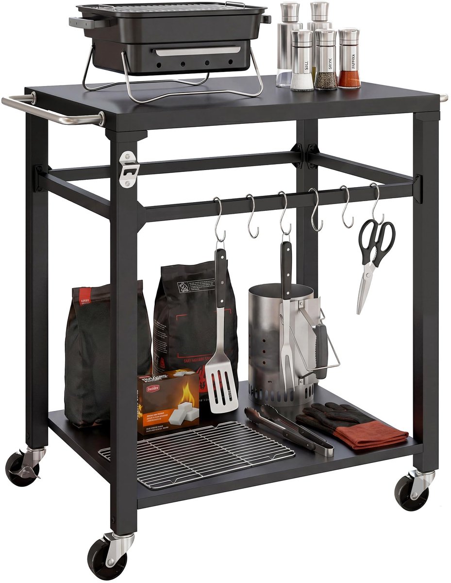 Famanu – Barbecuewagen met 2 lagen, metalen werkblad, haken, handgreep en wielen, mobiele serveerwagen voor buitengebruik