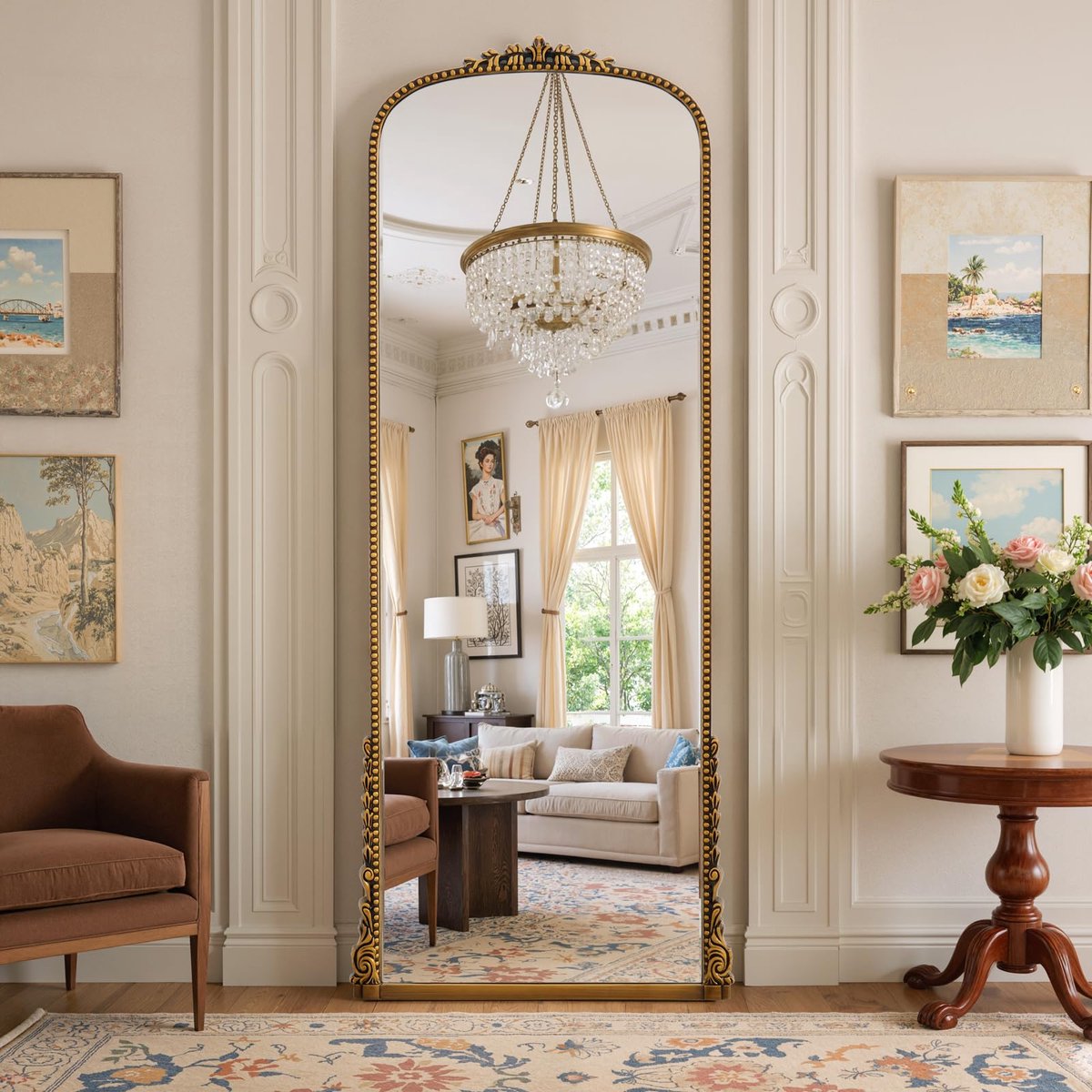 Famanu – Antieke staande spiegel, 175 x 70 cm, full-body spiegel met sierlijk goud, retro wanddecoratie voor woonkamer en slaapkamer