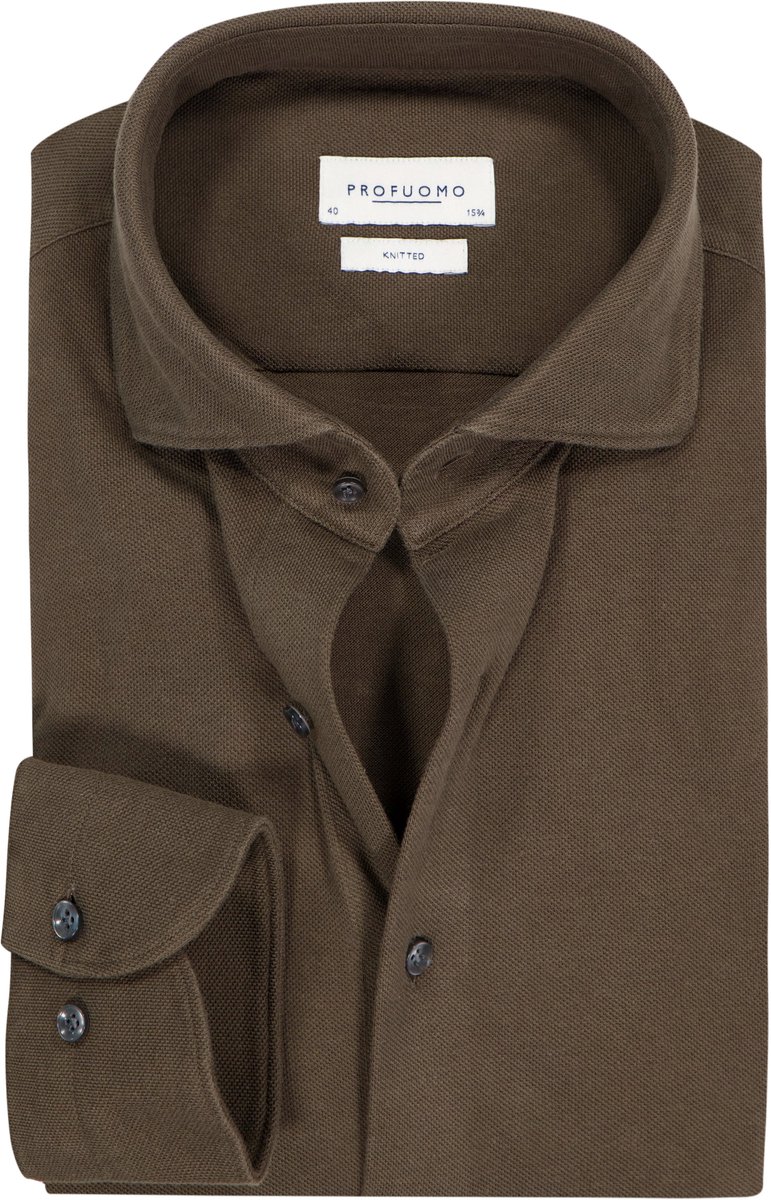 Profuomo slim fit heren overhemd - jersey - olijfgroen - Strijkvrij - Boordmaat: 39 (EU maat: M)