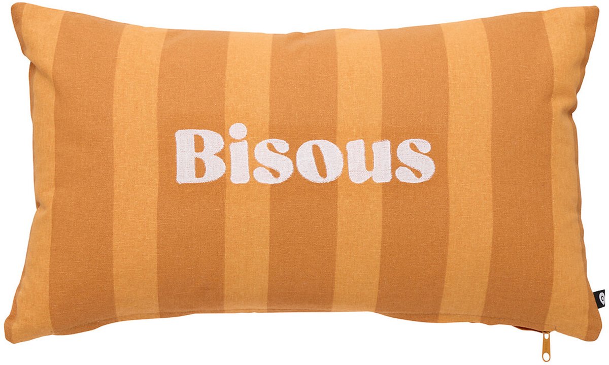 Rechthoekig kussen van katoen met strepen en de tekst „bisous“