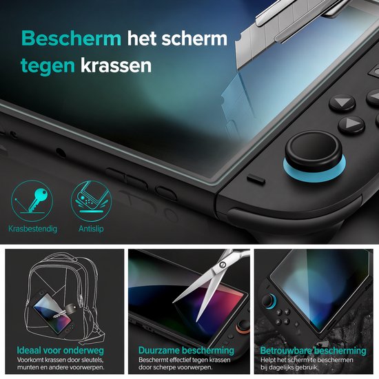 Schermbescherming tegen krassen op een Nintendo Switch. Krasbestendig, antislip, duurzaam. Beschermt tegen sleutels, munten en scherpe voorwerpen.