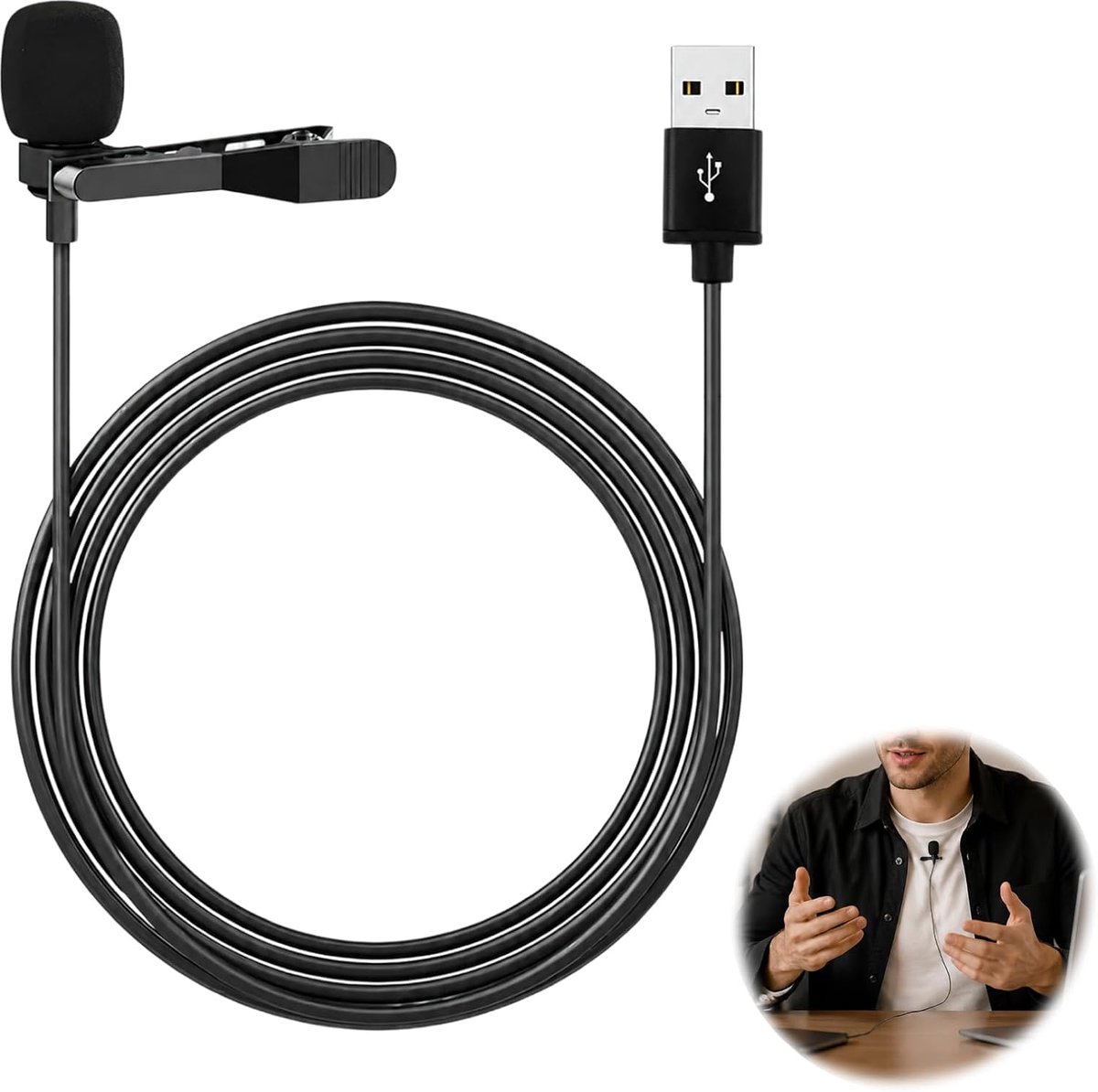 USB Lavalier microfoon met kabel - 2 meter - omnidirectioneel - ideaal voor podcast en streaming - ShopVlot