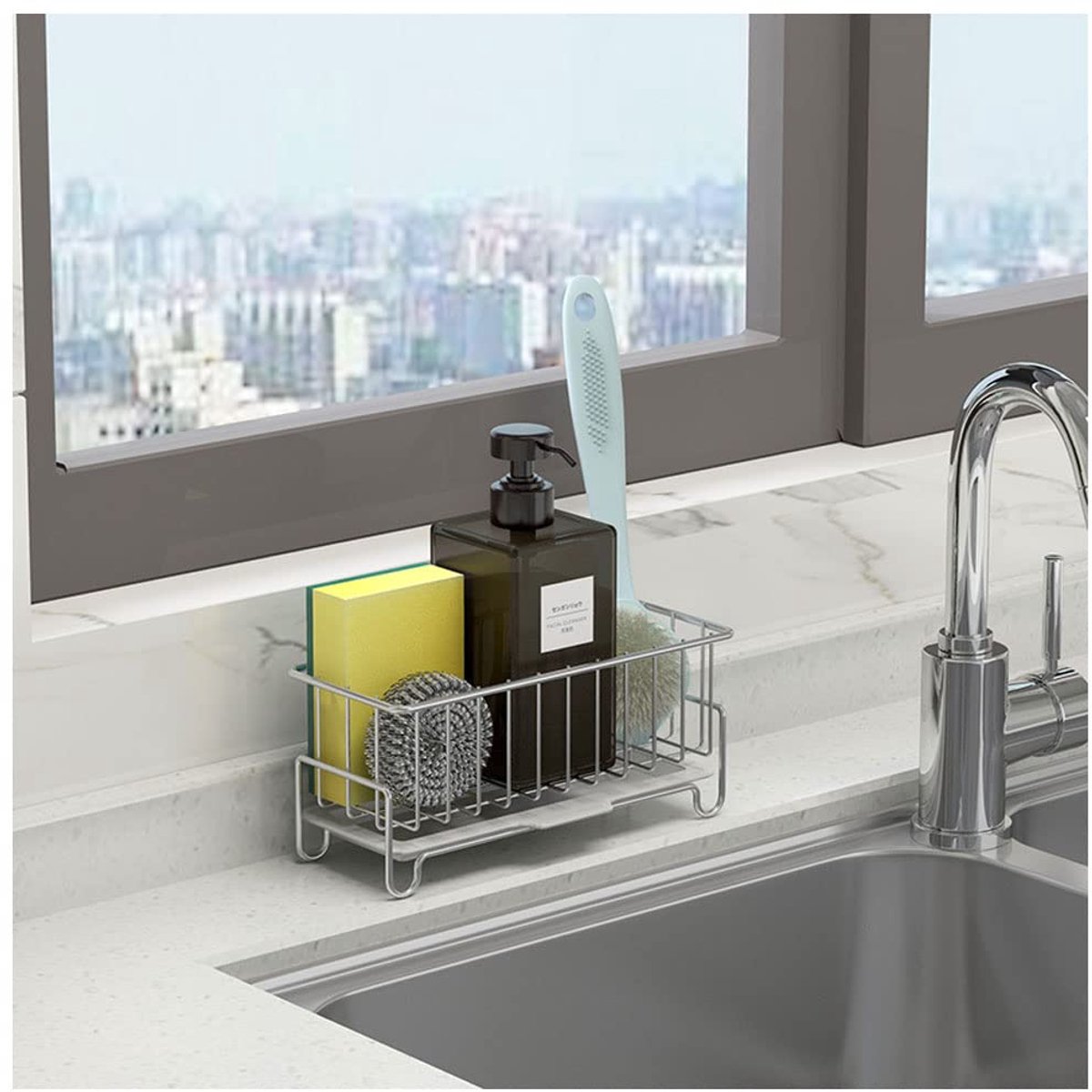 Aanrecht Caddy Organizer - 304 roestvrij staal - sponshouder met afvoerpan - ideaal voor keuken en badkamer - ShopVlot