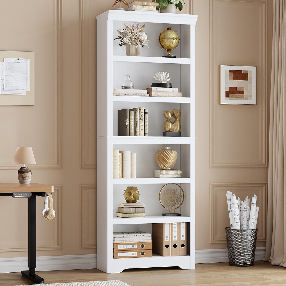 Hoge Boekenkast 6 Lagen - 60x29.5x190cm - Boekenkast Vintage - Verstelbare Planken - Kantelbeveiliging - Open Opbergkast - Voor Woonkamer Kantoor - Wit