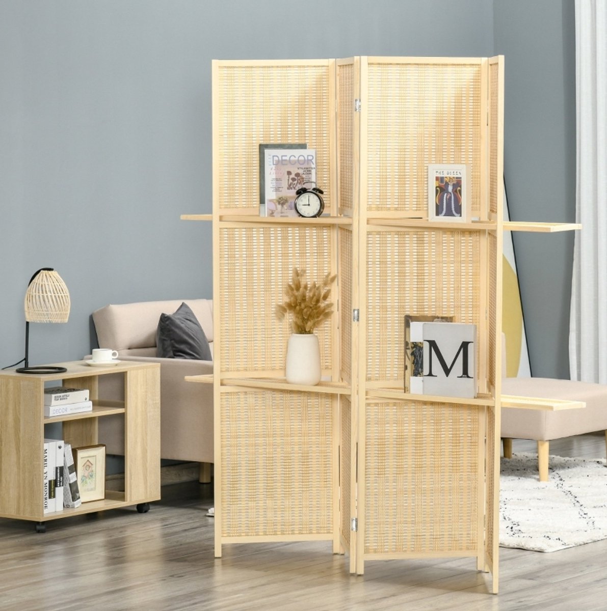REDOM - Kamerscherm met 4 panelen - Opvouwbaar en vrijstaand - Met 2 planken - Rustieke stijl - Woonkamer, slaapkamer of kantoor - Hout en metaal - Natural Wood - 180 x 180 x 1,9 cm