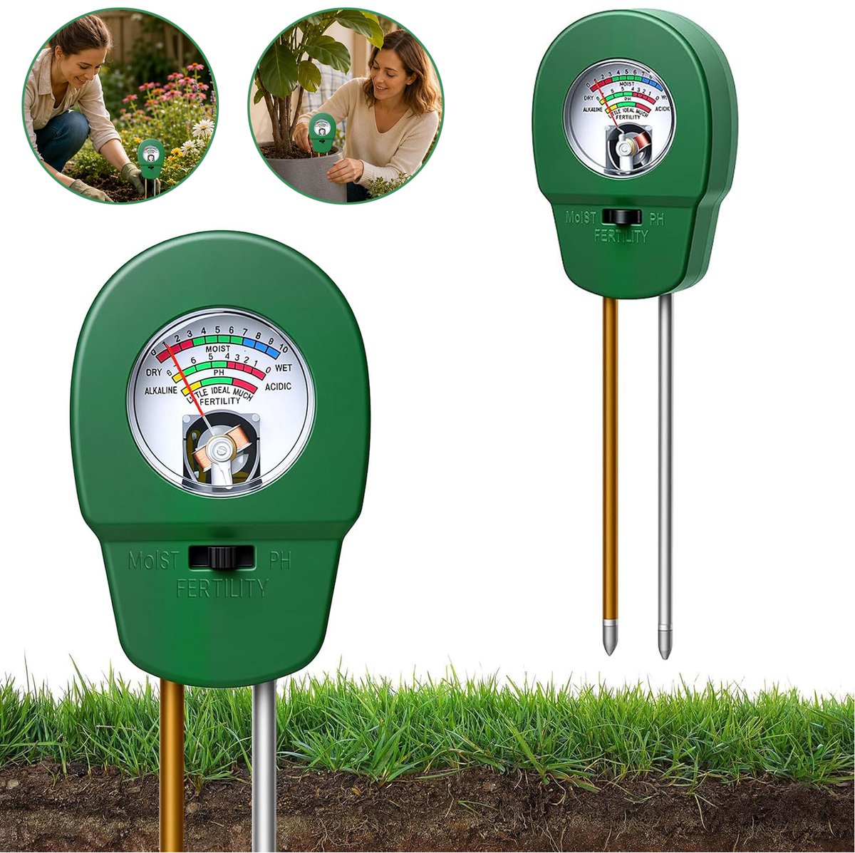 3-In-1 Bodemmeter - Bodemtester Met Dubbele Sonde - PH-/Vocht- En Vruchtbaarheidsmonitor - Geschikt Voor Potten Tuinen En Kassen