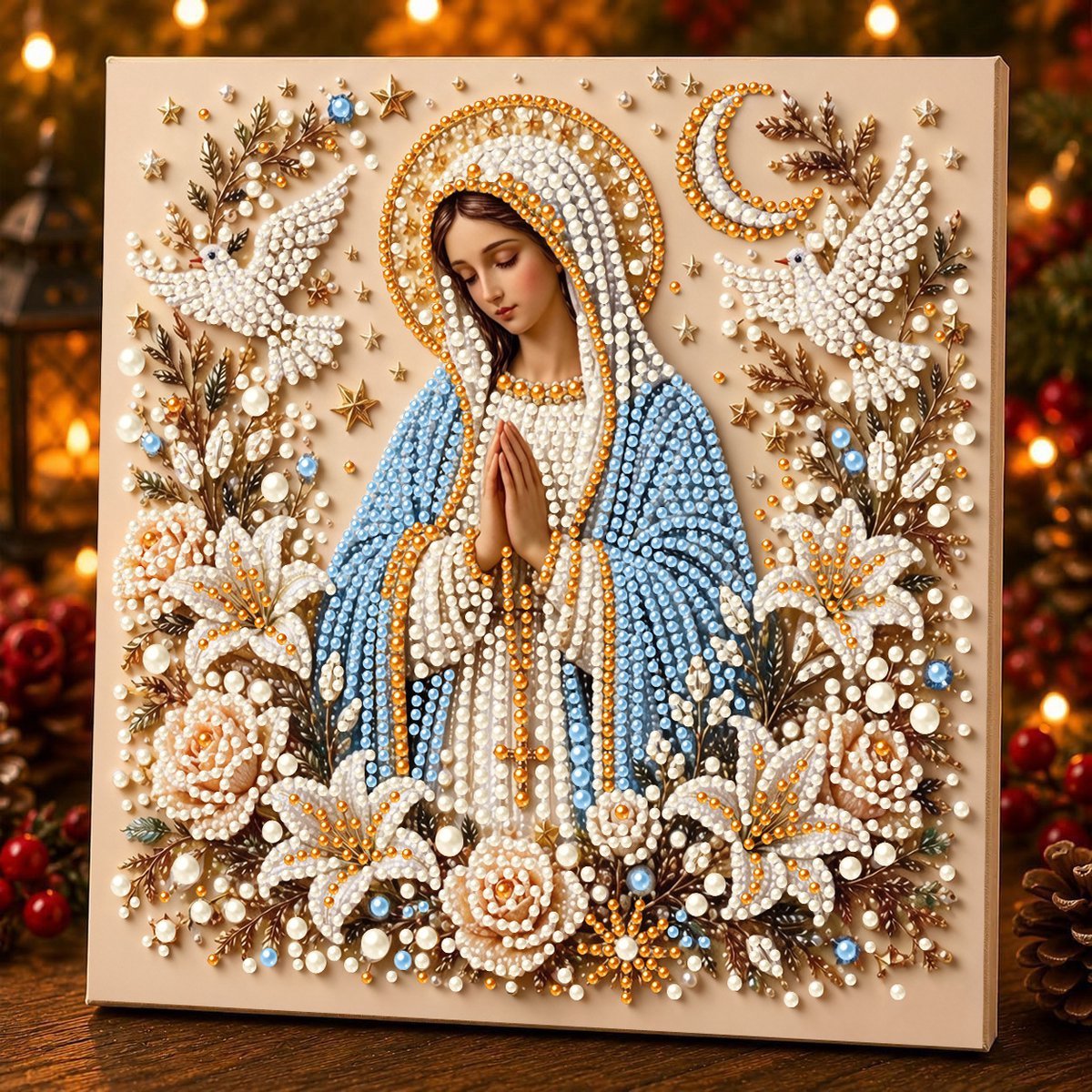 Casalora® DIY Jezus Parel Diamond Painting Kit – 5D Speciale Vorm – Christelijke Mozaïek Knutselset voor Volwassenen – Religieuze Wanddecoratie met Lijst – 25 x 25 cm – Maagd Maria