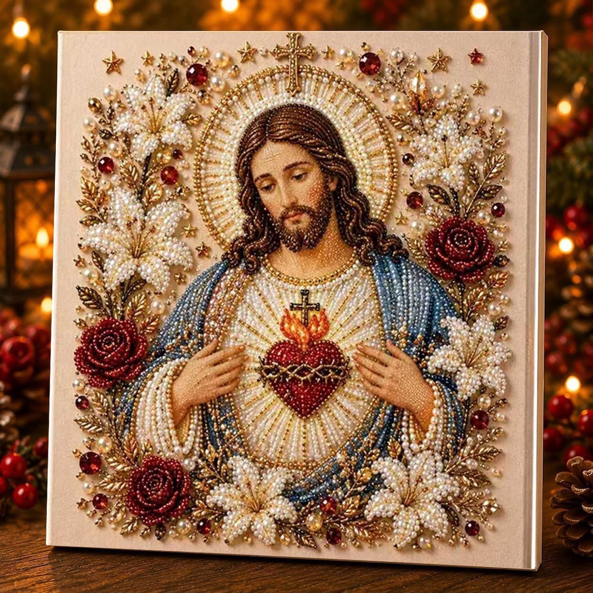 Casalora® DIY Jezus Parel Diamond Painting Kit – 5D Speciale Vorm – Christelijke Mozaïek Knutselset voor Volwassenen – Religieuze Wanddecoratie met Lijst – 25 x 25 cm – Heilig Hart van Jezus