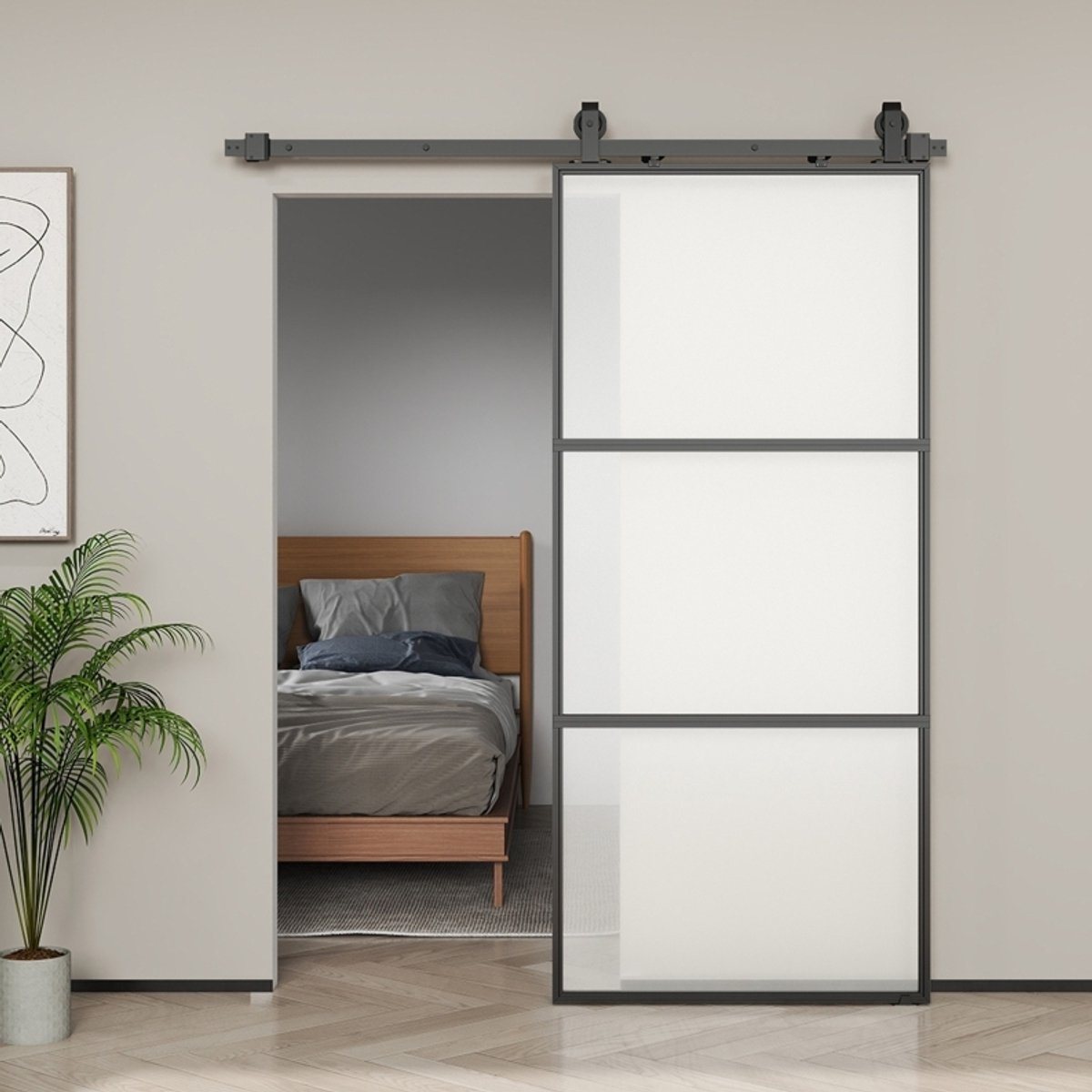 REDOM - Schuifdeur met melkglas - Schienensysteem met soft-close - Inclusief montageset - Moderne en industriële stijl - Voor binnen - Staal - Zwart - 91,4 x 203,2 cm