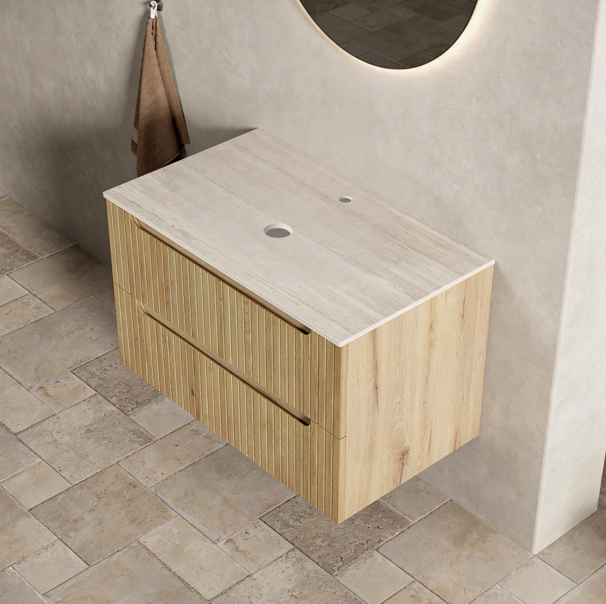 MIVRAY Badkamerkast - Wandhangend Met 2 Laden En Travertin Sintersteen Blad - Voor Moderne Badkamer En Wastafelmeubel - Licht Eiken - 80 Cm