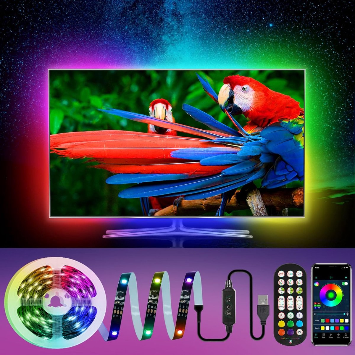 Led-tv-achtergrondverlichting, kleurveranderende ledstrip met afstandsbediening, app-bediening, USB-ledstrip voor - ShopVlot
