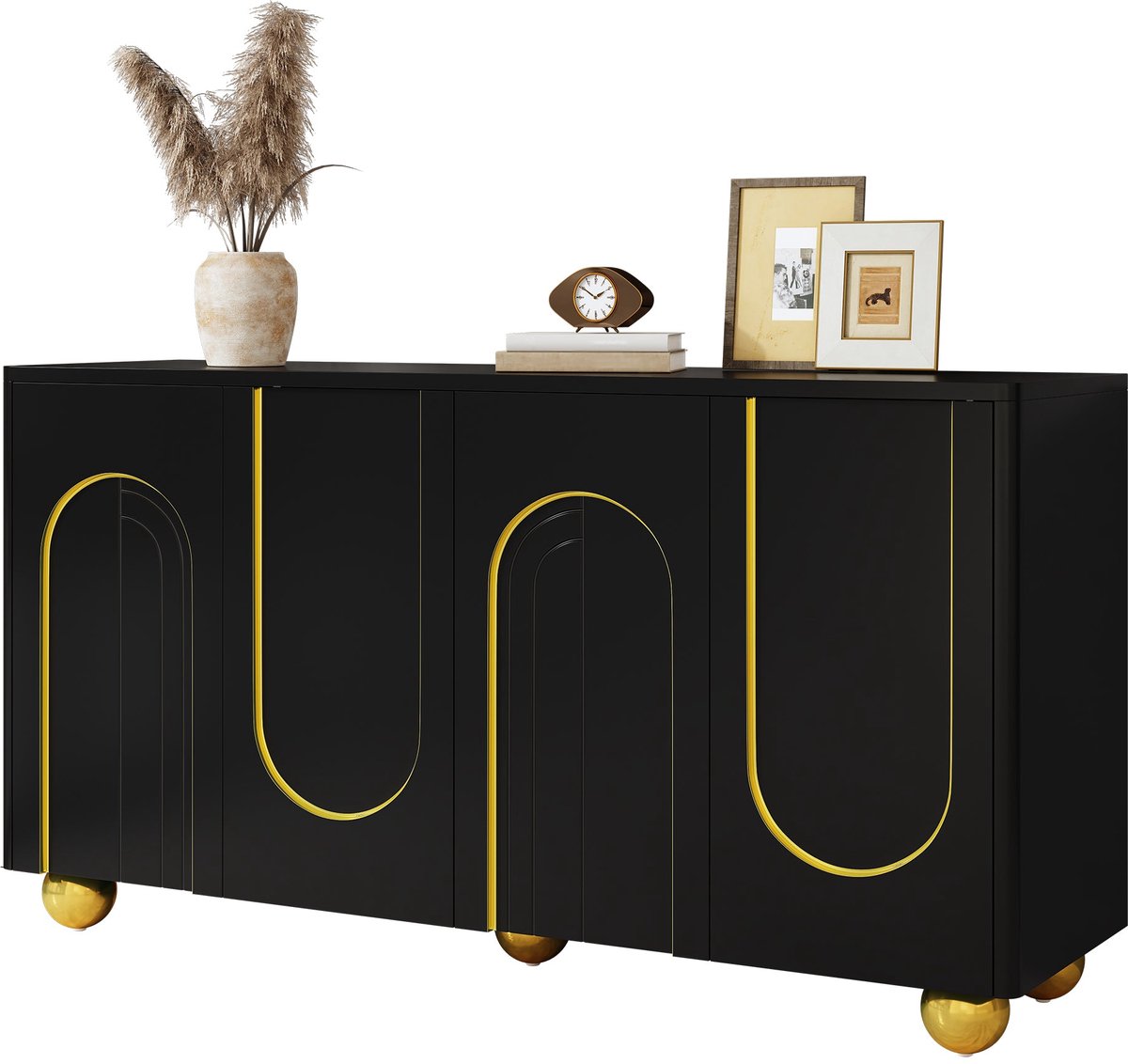 Merax Dressoir 140 cm - Zwart - 4 Deuren - Goudkleurige Details - Buffetkast en Opbergkast