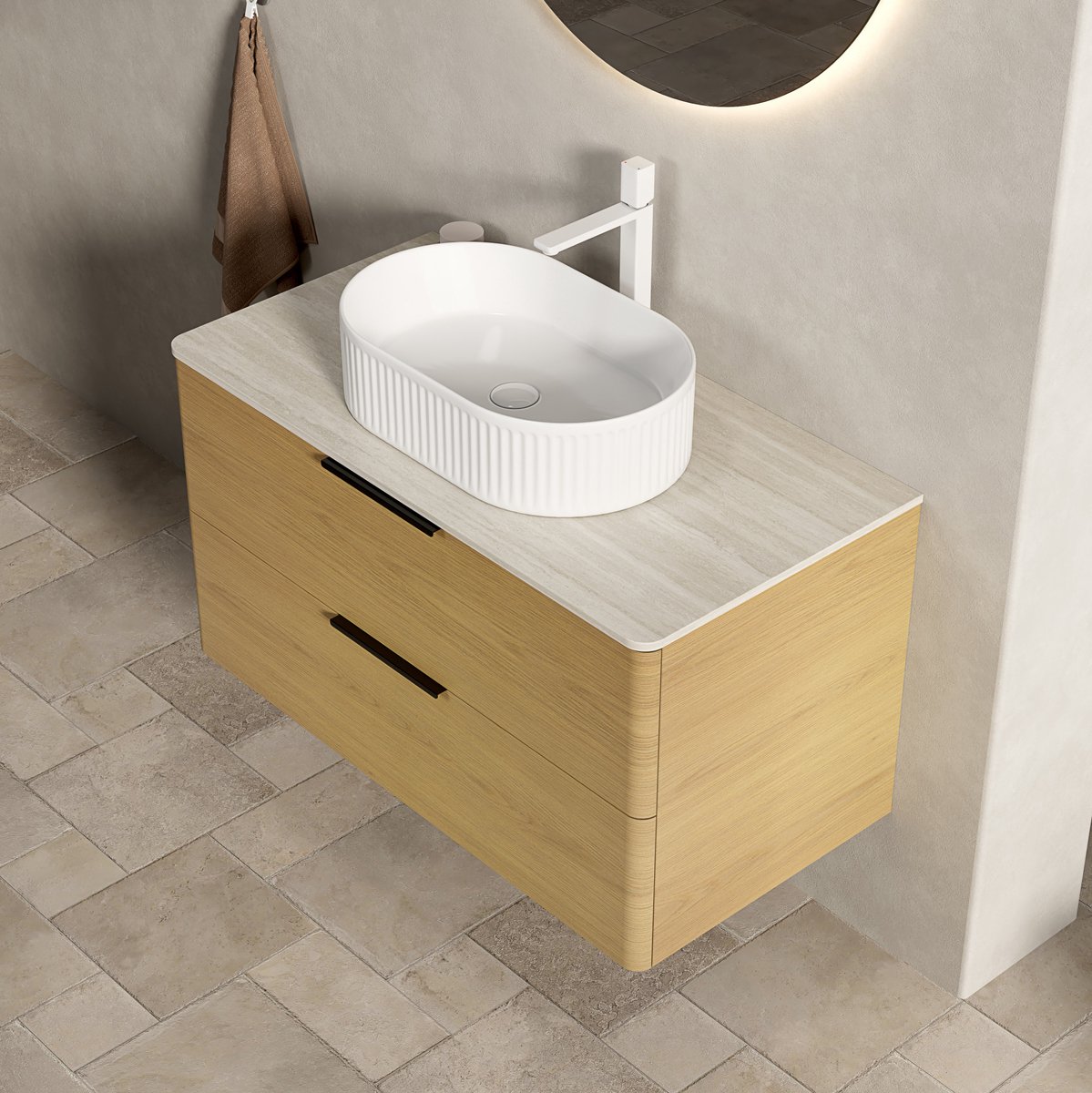 MIVRAY Badkamermeubel Met Ovale Wastafel En 2 Lades Zwevend Design Voor Moderne Badkamer Houtlook Multiplex En Keramiek 90 Cm