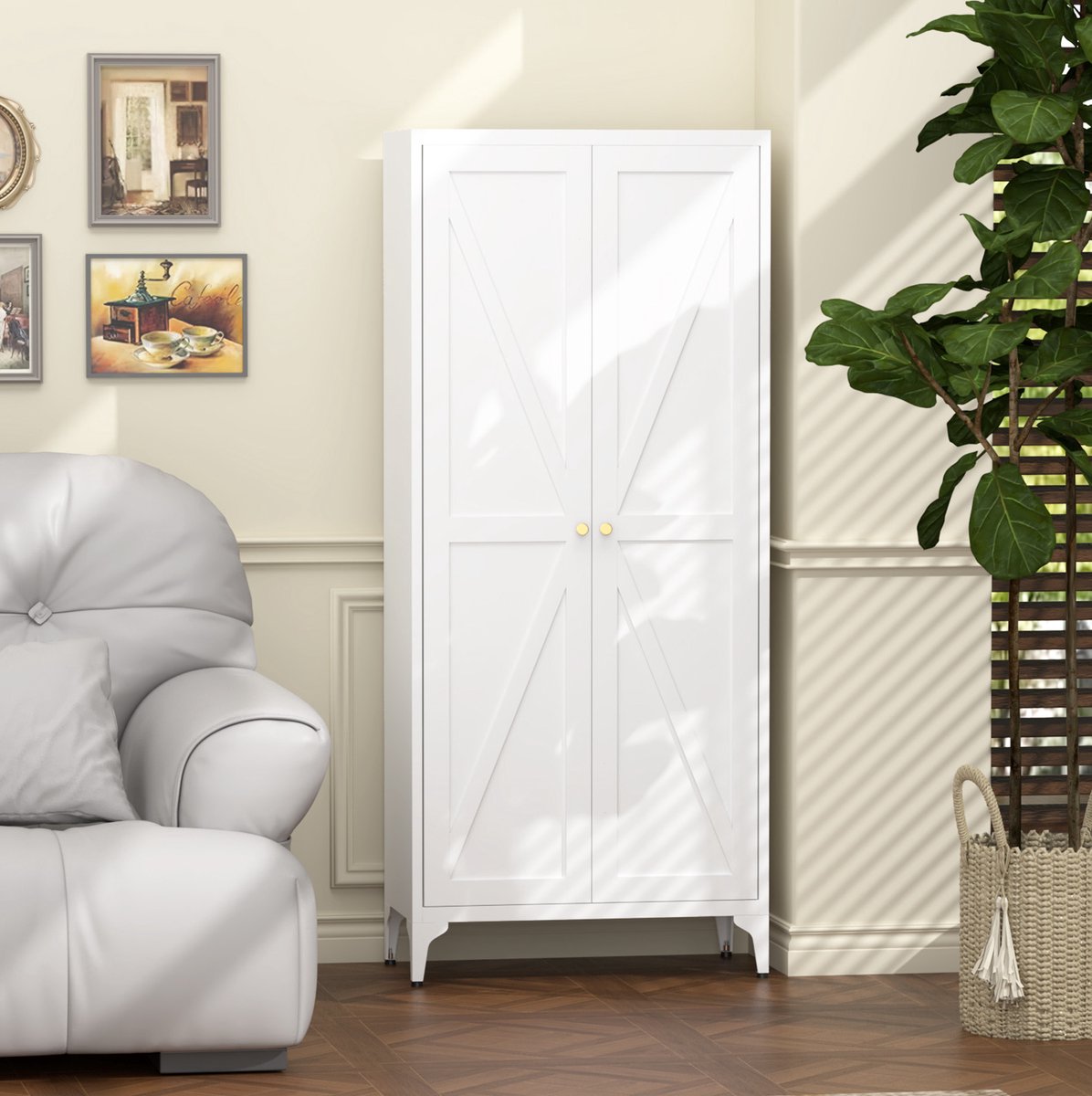 MIVRAY Keukenkast - Metalen Opbergkast Met 2 Deuren En Verstelbare Planken - Voor Keuken Woonkamer En Kantoor - Wit - 70x35x165 Cm