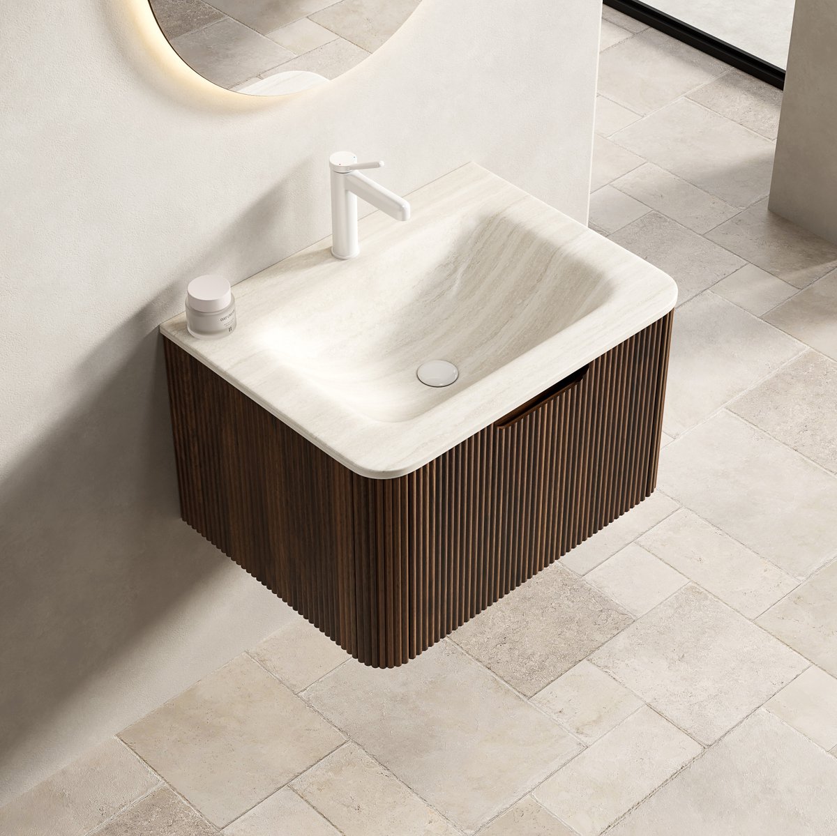 MIVRAY Badkamer Wastafelmeubel - Wandmontage Met Geïntegreerde Wastafel En Lade - Modern Voor Badkamer - Multiplex - 60 Cm - Beige Walnoot