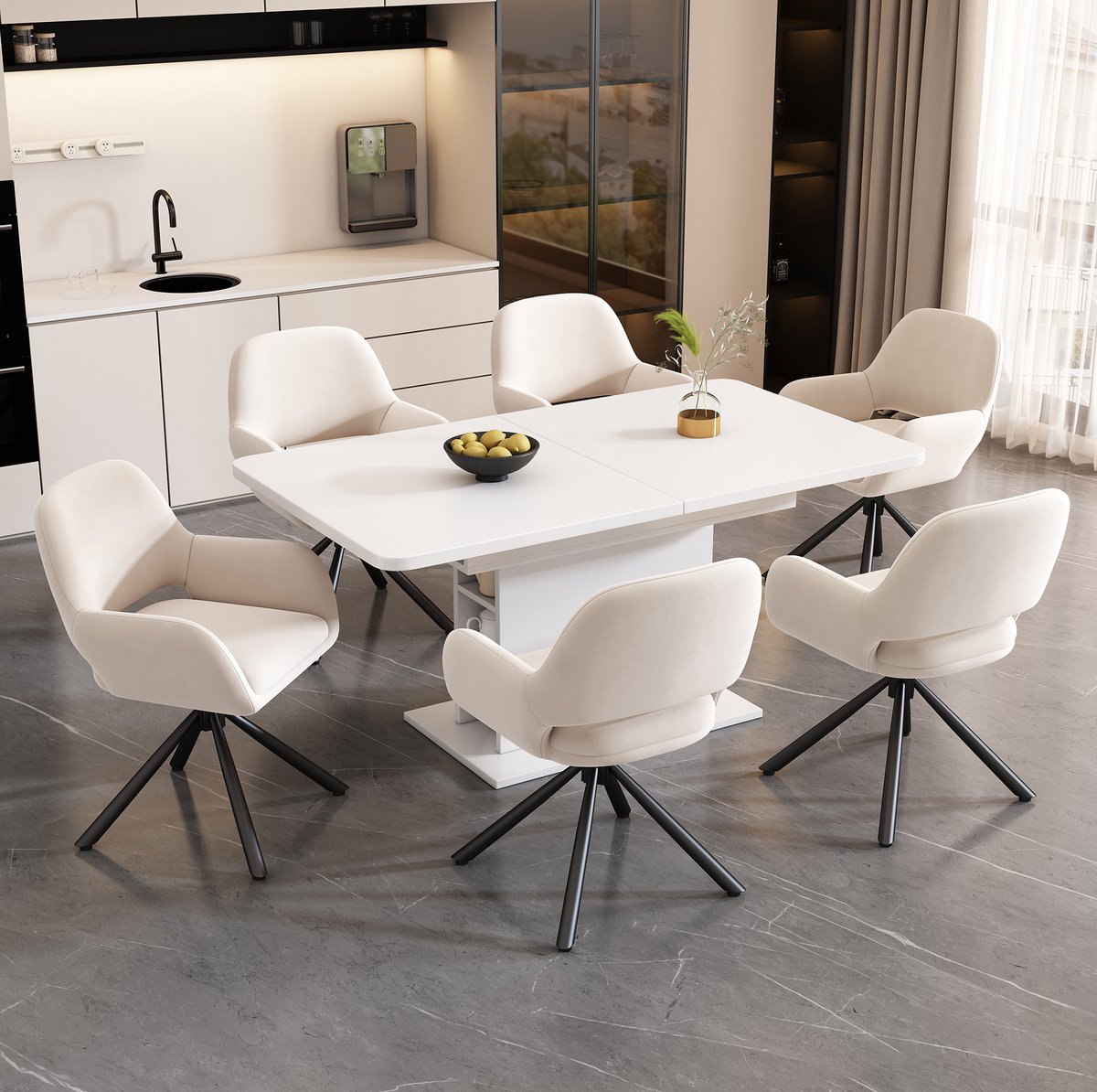 OKWISH Eetkamerstoel – Draaibare Kuipstoel Set Van 6 Met Armleuningen – Zachte Velvet Bekleding Voor Eetkamer En Woonkamer – Beige