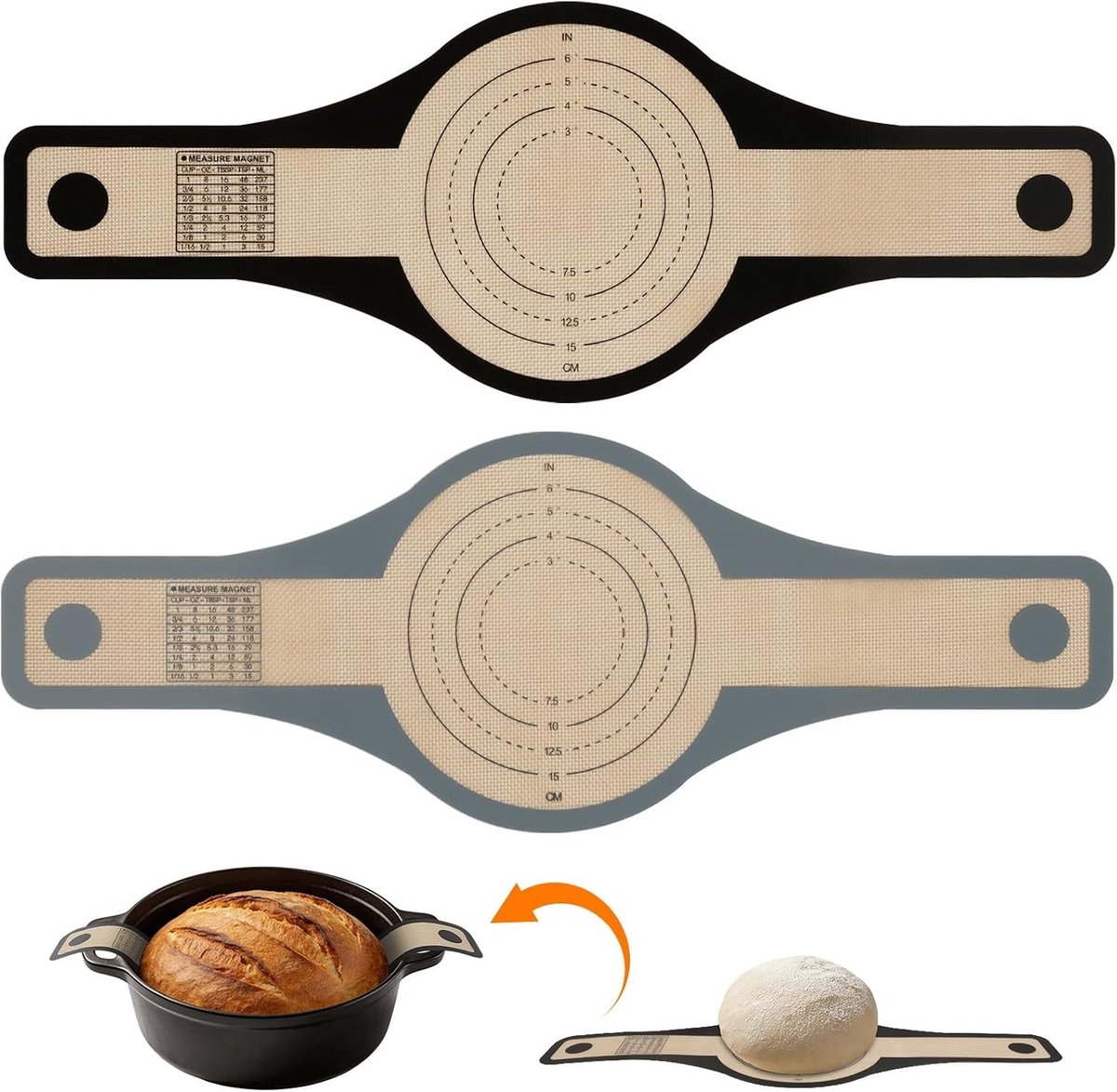 Herbruikbare Ovenbroodmat - Antiaanbaklaag, Lange Handvatten, Ideaal voor Pizza en Broodpannen, 2 Stuks (57.5cm x 21cm x 0.7mm, Grijs + Zwart)