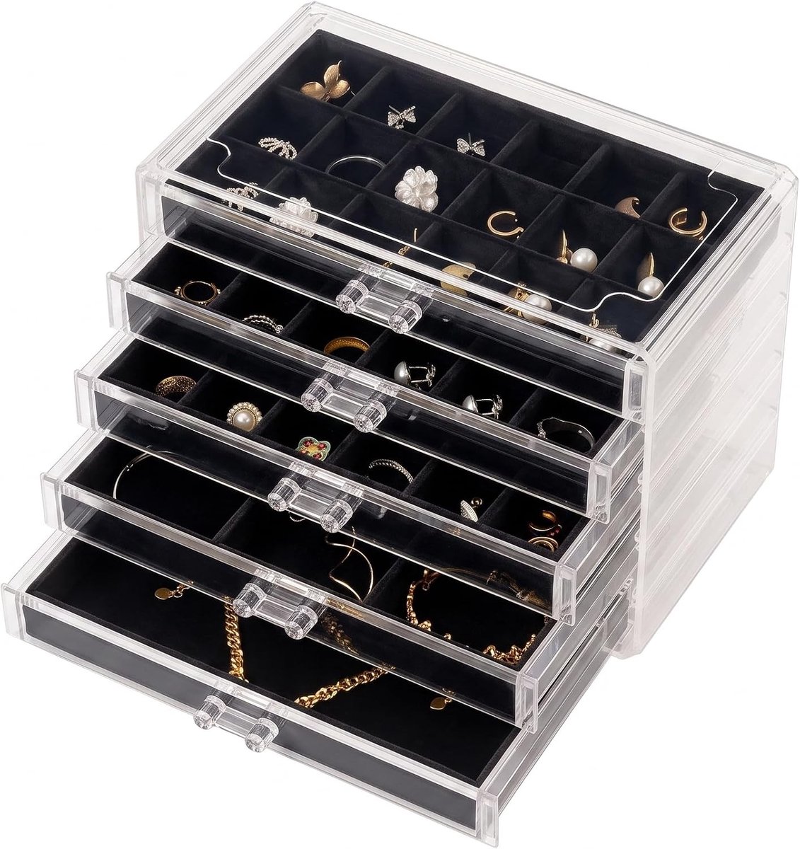 Acrylaat Sieraden Organizer met 5 Laden - Earring Holder met Velours Inleg voor Oorbellen, Ringen en Studs - Duidelijke Sieraden Box voor Vrouwen