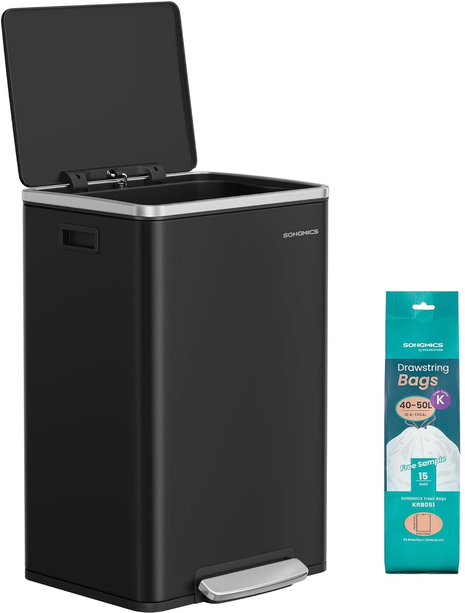Songmics 50 L stalen bak met deksel zacht Close 15 Bin Bags Verwijderbare Plastic Binnenste Emmer Handgrepen, Inkt Zwart, PARY Collectie Bezoek de SONGMICS Store