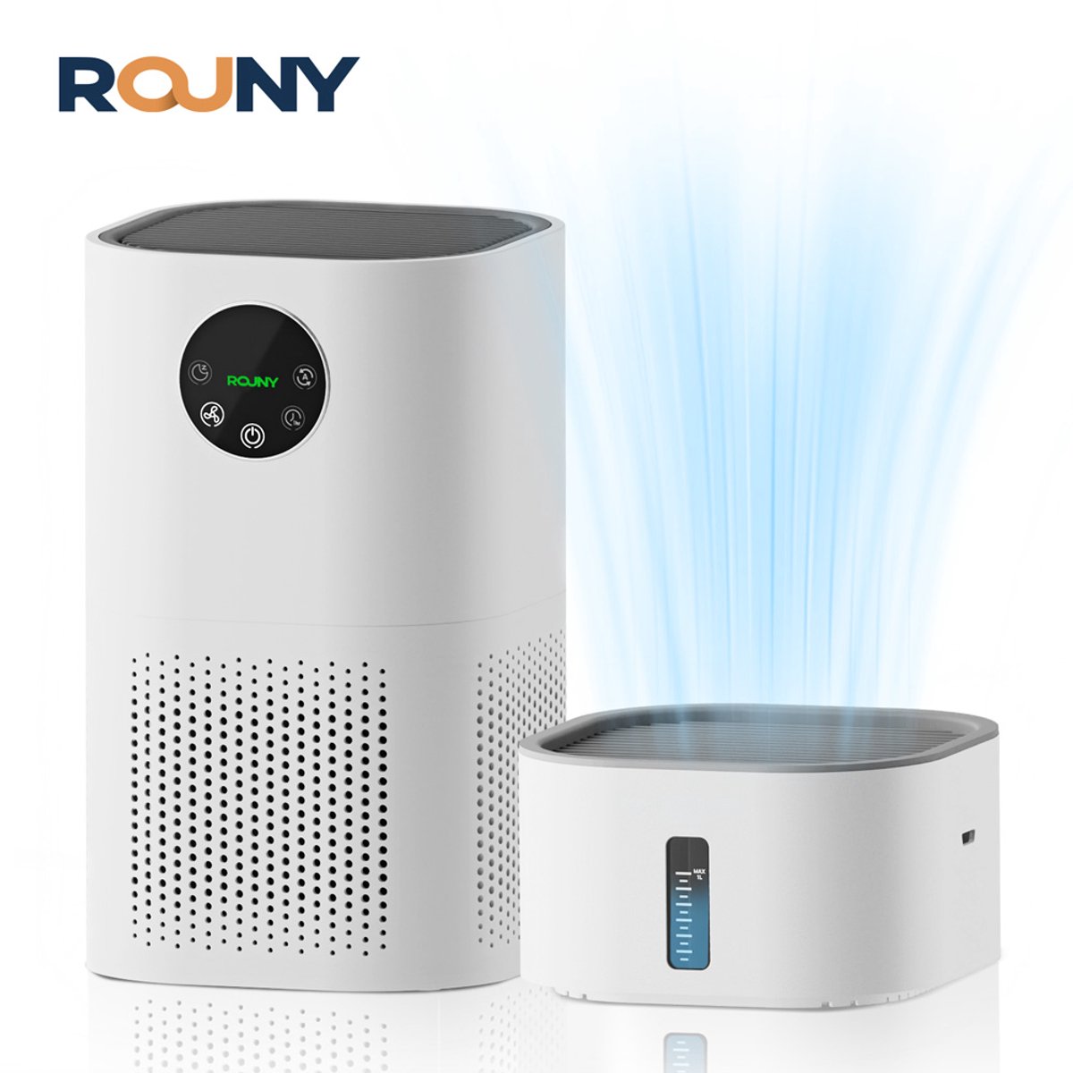 ROUNY Luchtreiniger en Luchtbevochtiger 2-in-1 – H13 HEPA- en Actief Koolstoffilter – Luchtkwaliteitssensor – CADR 100 m³/u – 1 L Waterreservoir – 24 W – Wit