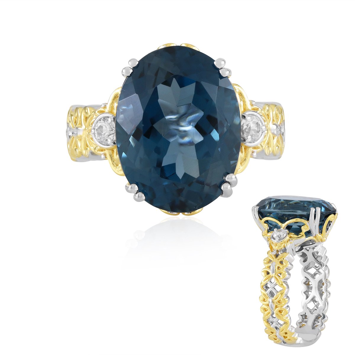Cavill - Zilveren ring 925 Sterling Zilver met Palladium - 10,413 ct Blauwe Ovale Topaas - 2 Cambodjaanse Zirkonia - Elegante Damesring