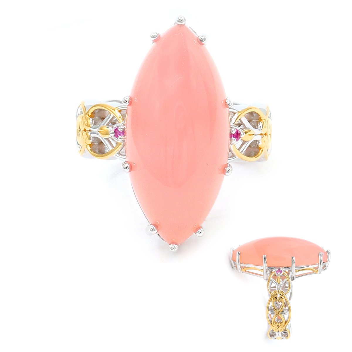 Cavill - Zilveren ring met roze chalcedoon 12,3 ct marquise cabochon - 925 sterling zilver palladium - Elegante damesring met roze saffier Madagaskar
