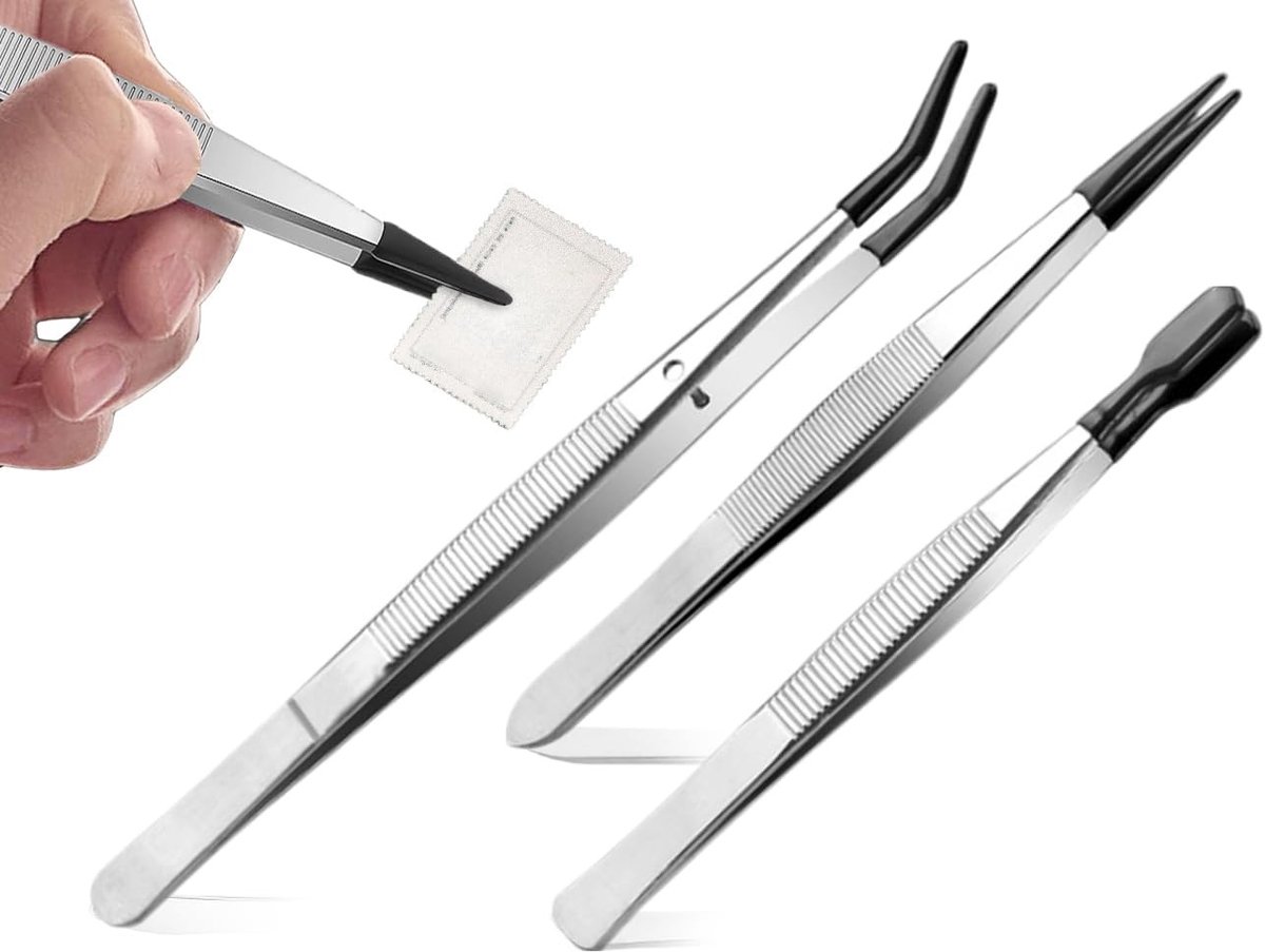 Pincettenset - Roestvrij Staal - 10,9 cm, 11,6 cm, 15,6 cm - Met Rubberen Punten - Voor Ambachtslieden en Handwerk